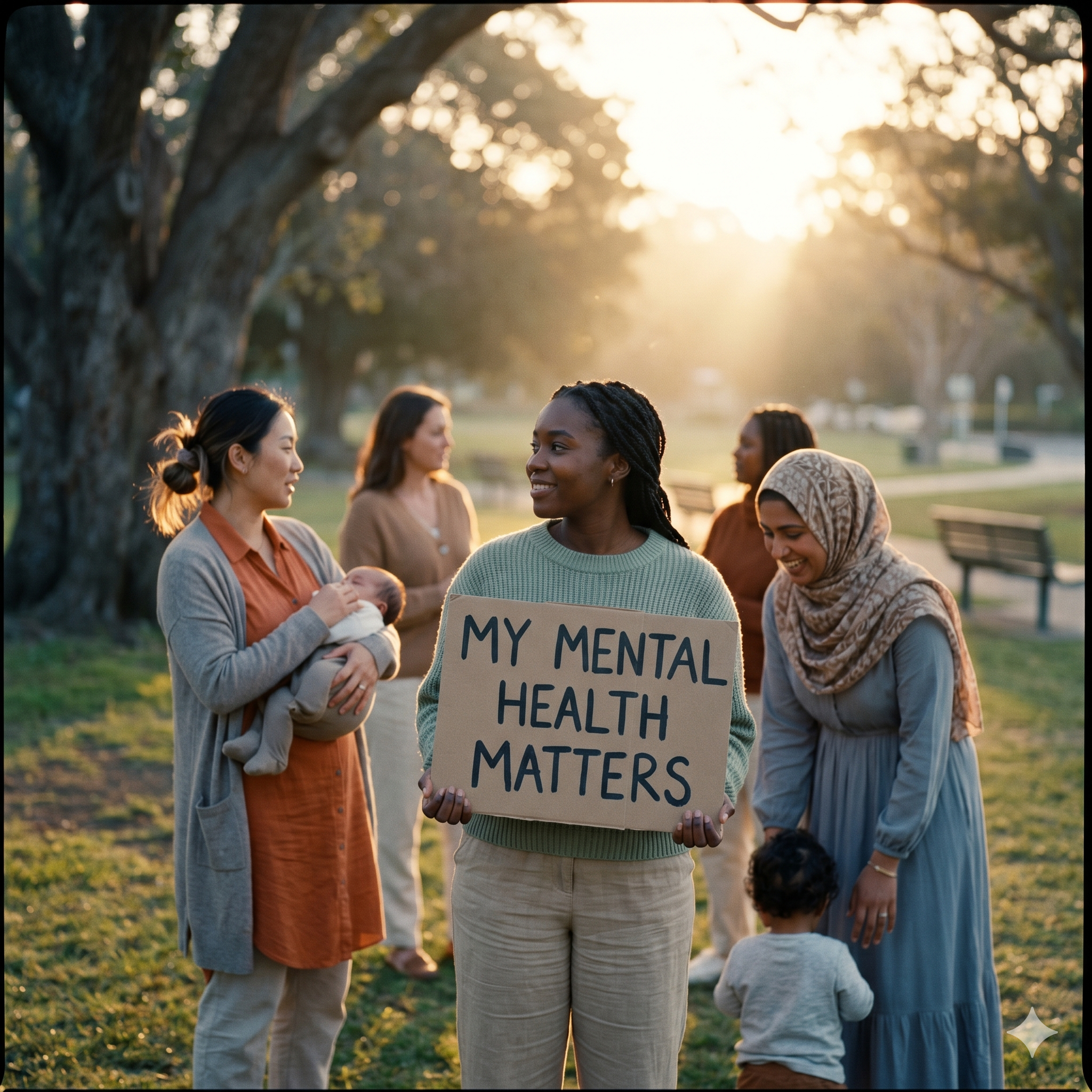 Supportive community with 'My Mental Health Matters' sign